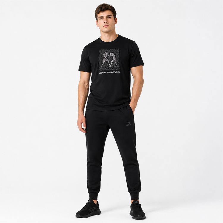 Adidas T-Shirt Boxing Chrome Sparring Black Round Crew Neck Short Sleeve